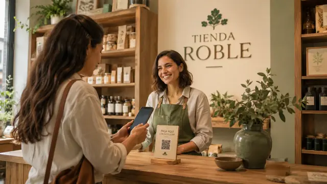 Clienta escaneando el QR en el mostrador de una tienda
