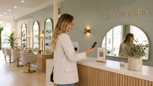 Clienta escaneando el QR del mostrador de una peluquería